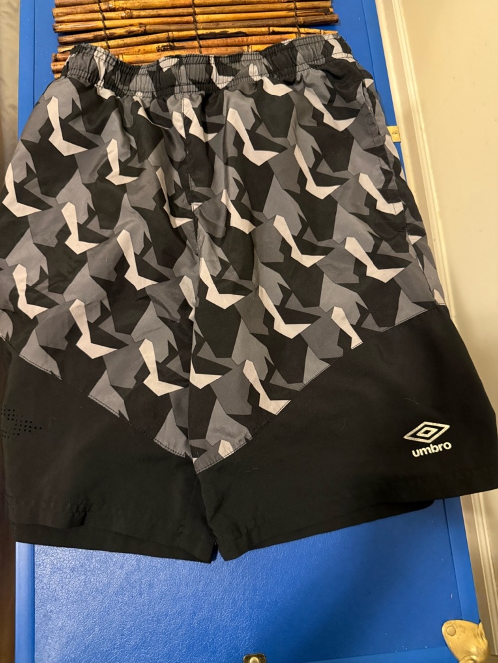 Umbro Youth Black & Gray Geometric Athletic Shorts with Left Side Detail